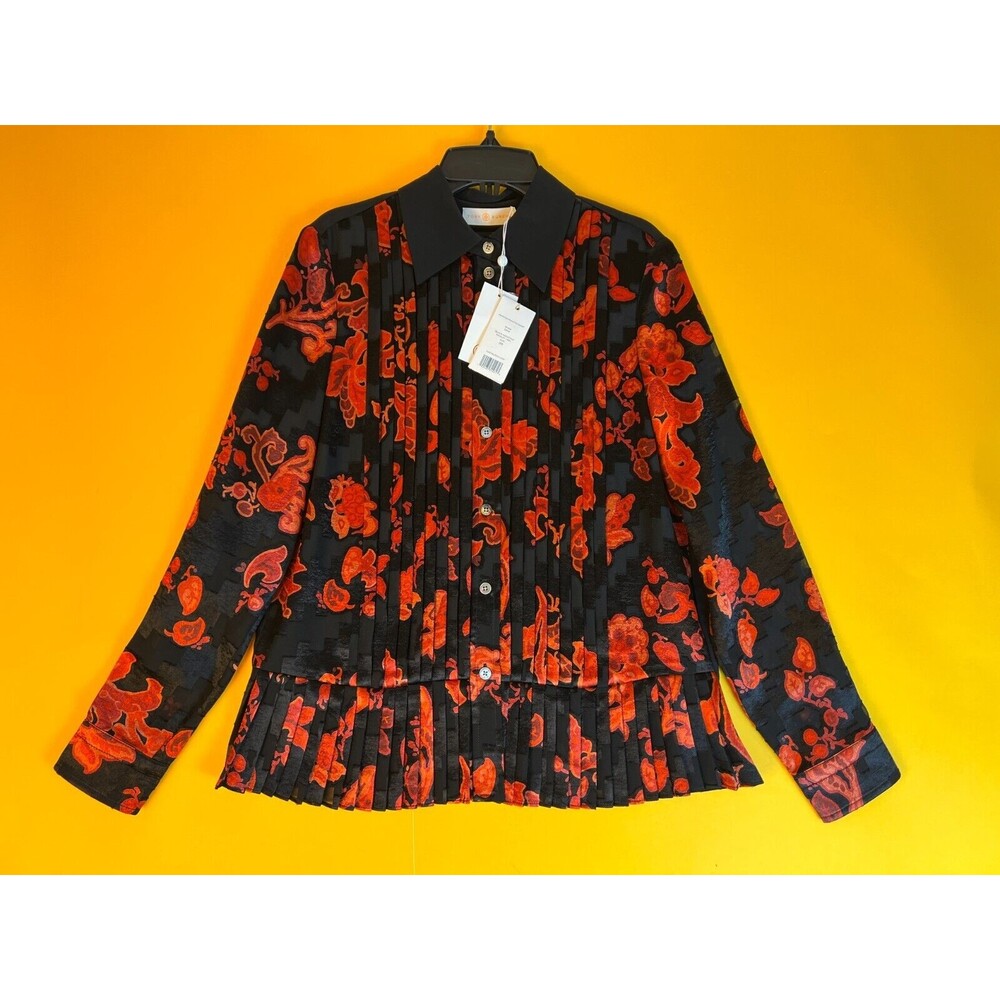 Tory Burch Printed Pleated Shirt Womens 00 Black Red Paisley Button Up $498 NWT - Picture 2 of 11